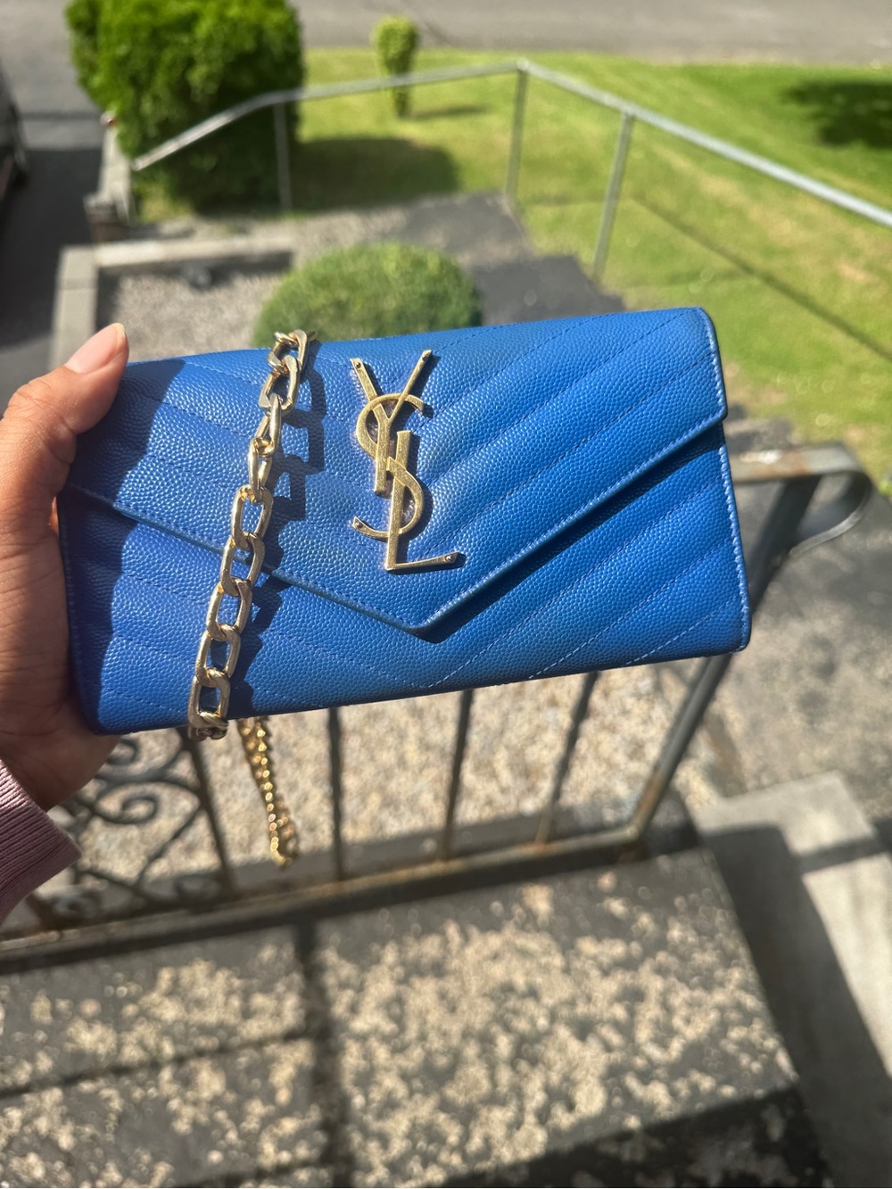 Saint Laurent Cobalt Blue Quilted Leather Chain Wallet with Gold YSL Logo